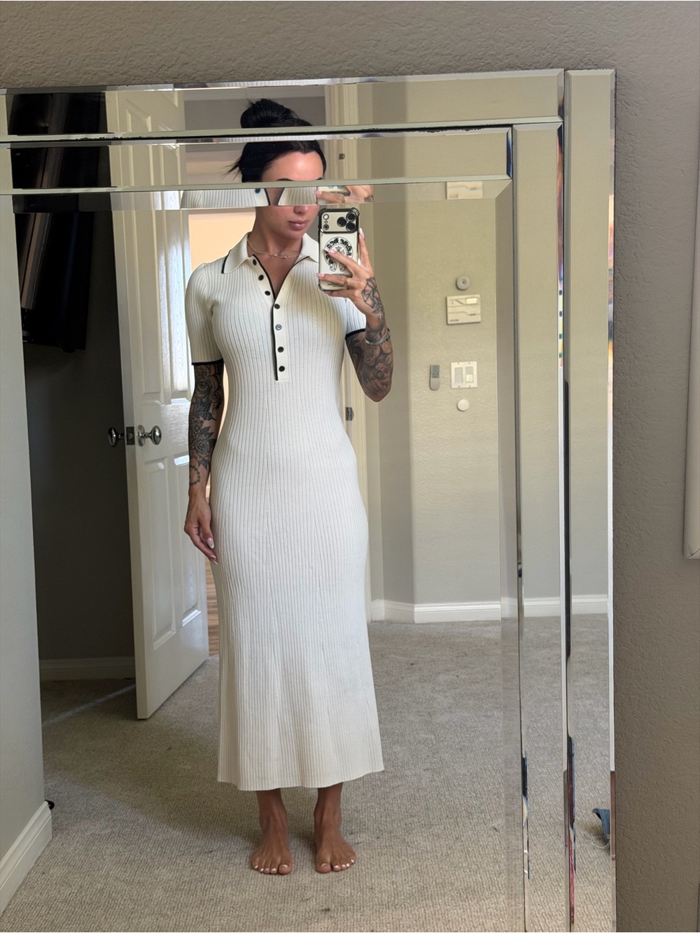 Ribbed Polo Midi Dress in White - Picture 3 of 4